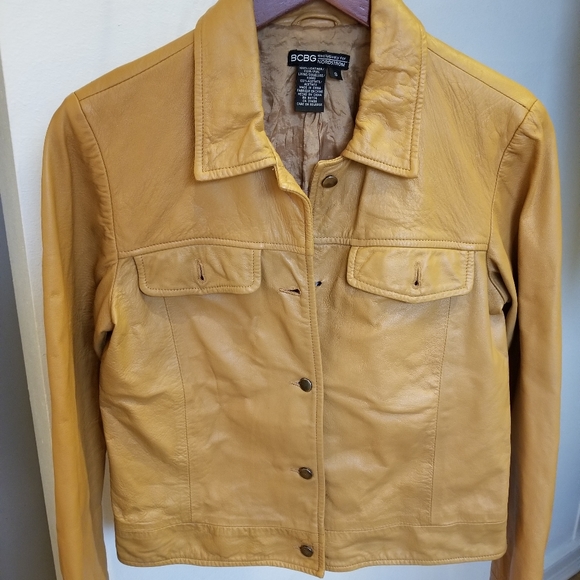 bcbg yellow leather jacket
